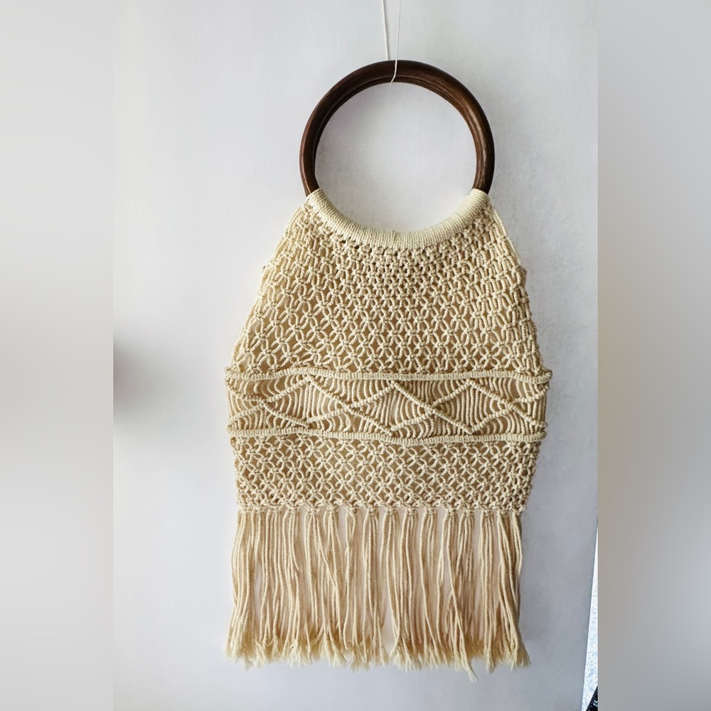 Macrame Crochet Handbag Woven Purse Wood Ring Handles Fringe Boho Bag NEW